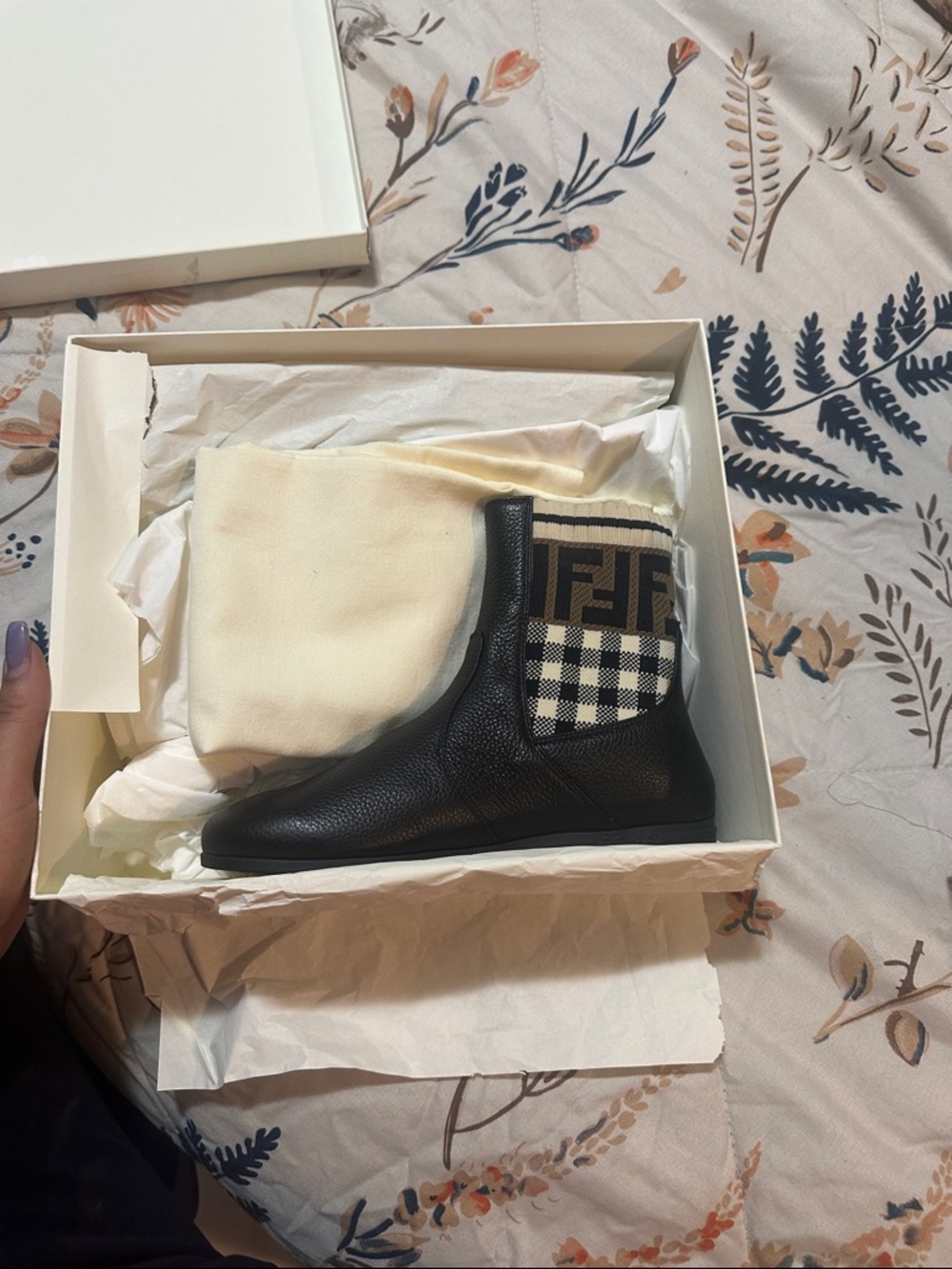 Fendi Black Leather Ankle Boot with Logo Knit Panel